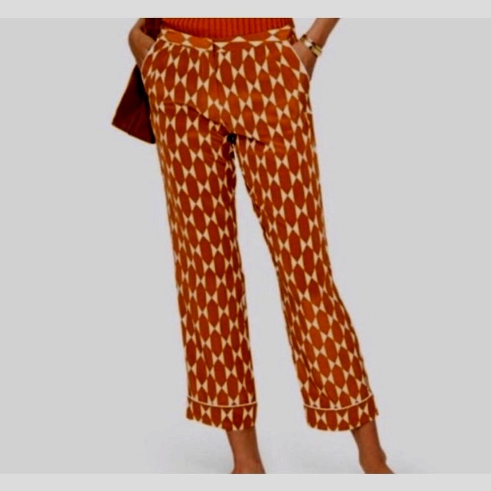 Tory Burch Devi pant gold and white diamond print silk NWT 8 old money casual